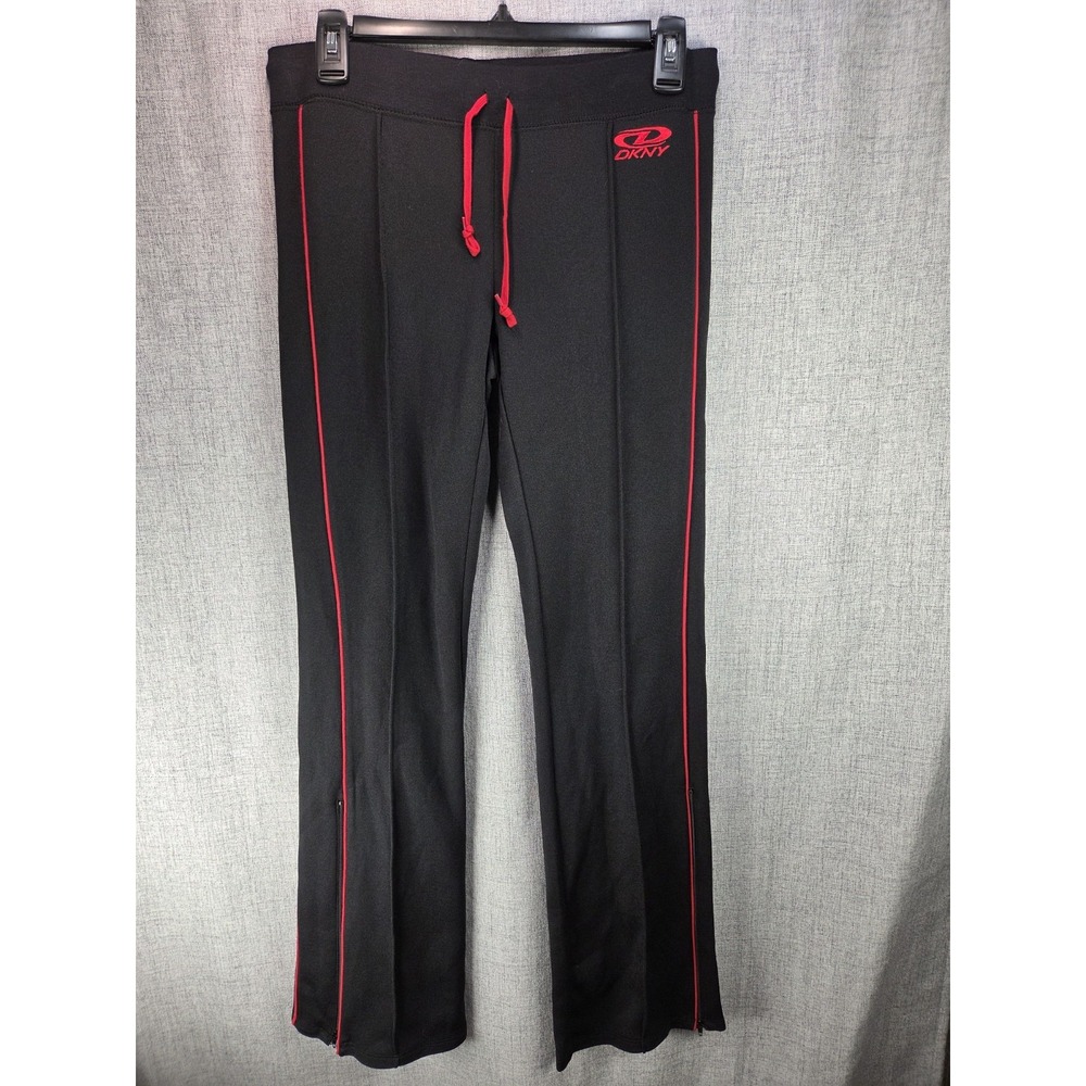 DKNY Black Track VTG Pants Red Piping Drawstring Small Y2K Embroidered Logo